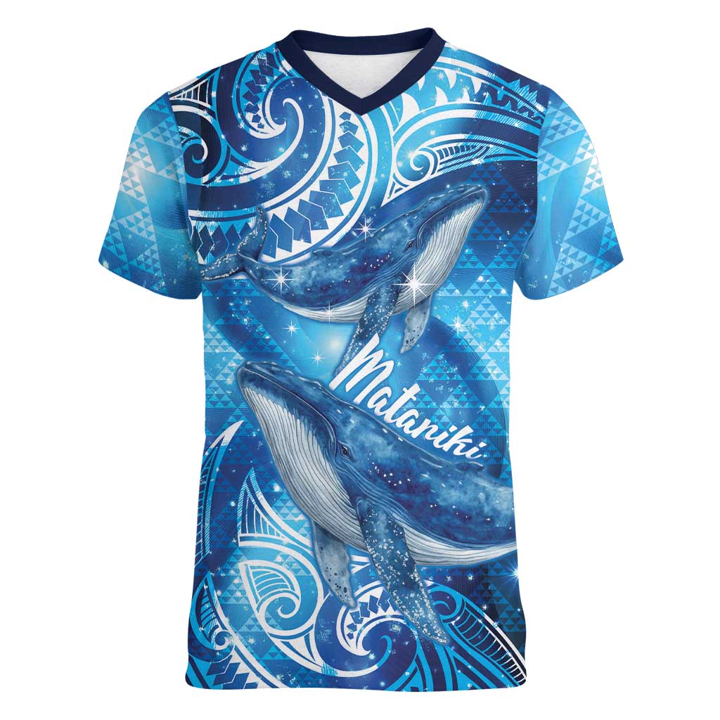 New Zealand Humpback Whale Matariki Women V-Neck T-Shirt Maori New Year Taniko Niho Taniwha LT14 Female Blue - Polynesian Pride
