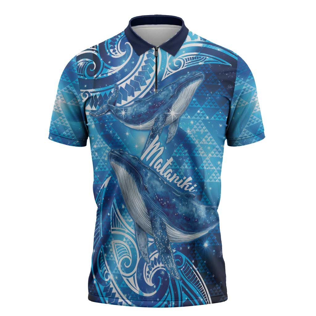 New Zealand Humpback Whale Matariki Zipper Polo Shirt Maori New Year Taniko Niho Taniwha