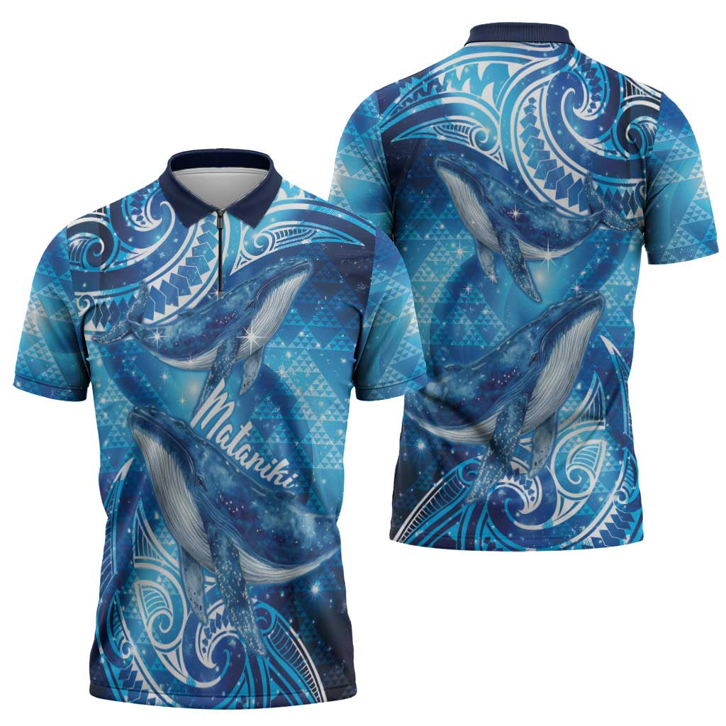 New Zealand Humpback Whale Matariki Zipper Polo Shirt Maori New Year Taniko Niho Taniwha LT14 - Polynesian Pride