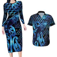 Humpback Whale Matariki New Zealand Couples Matching Long Sleeve Bodycon Dress and Hawaiian Shirt NZ Maori Paikea Poutama Luxury Blue LT14 Blue - Polynesian Pride