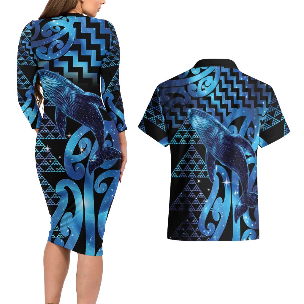 Humpback Whale Matariki New Zealand Couples Matching Long Sleeve Bodycon Dress and Hawaiian Shirt NZ Maori Paikea Poutama Luxury Blue LT14 - Polynesian Pride