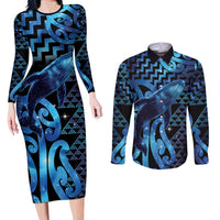Humpback Whale Matariki New Zealand Couples Matching Long Sleeve Bodycon Dress and Long Sleeve Button Shirt NZ Maori Paikea Poutama Luxury Blue LT14 Blue - Polynesian Pride