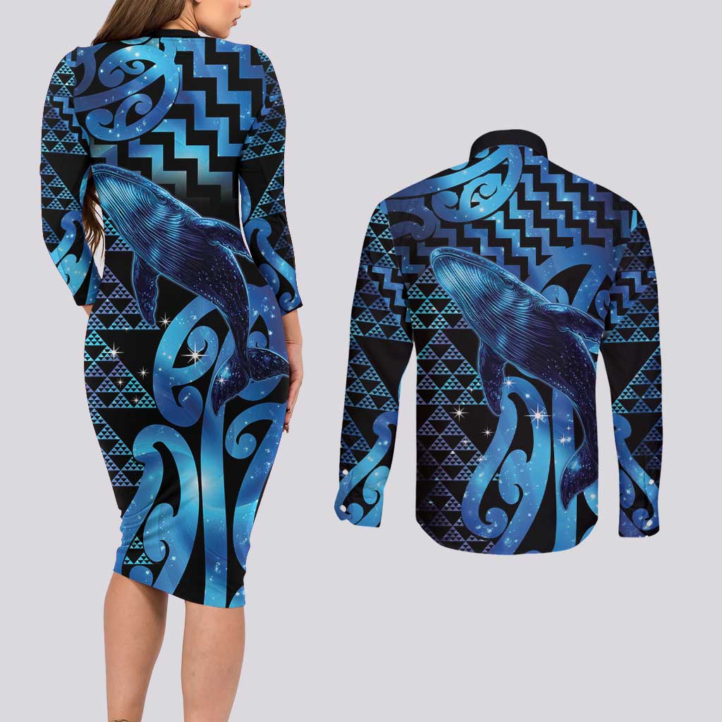 Humpback Whale Matariki New Zealand Couples Matching Long Sleeve Bodycon Dress and Long Sleeve Button Shirt NZ Maori Paikea Poutama Luxury Blue LT14 - Polynesian Pride