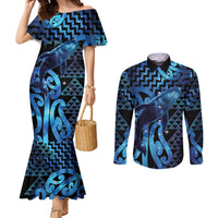 Humpback Whale Matariki New Zealand Couples Matching Mermaid Dress and Long Sleeve Button Shirt NZ Maori Paikea Poutama Luxury Blue LT14 Blue - Polynesian Pride