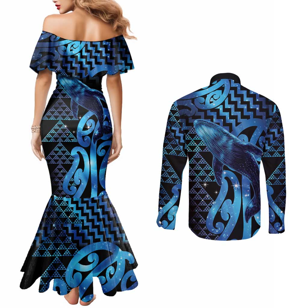 Humpback Whale Matariki New Zealand Couples Matching Mermaid Dress and Long Sleeve Button Shirt NZ Maori Paikea Poutama Luxury Blue LT14 - Polynesian Pride