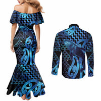 Humpback Whale Matariki New Zealand Couples Matching Mermaid Dress and Long Sleeve Button Shirt NZ Maori Paikea Poutama Luxury Blue LT14 - Polynesian Pride