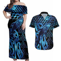 Humpback Whale Matariki New Zealand Couples Matching Off Shoulder Maxi Dress and Hawaiian Shirt NZ Maori Paikea Poutama Luxury Blue LT14 Blue - Polynesian Pride