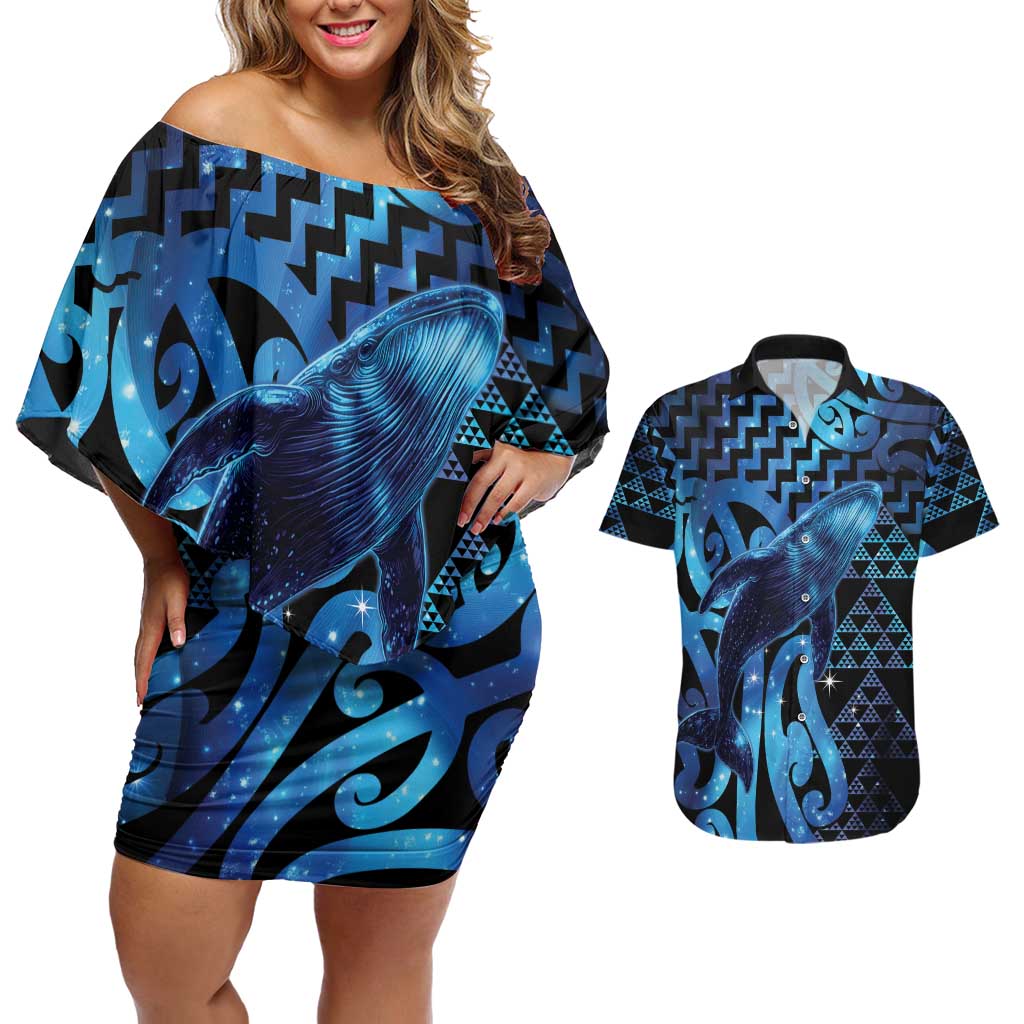 Humpback Whale Matariki New Zealand Couples Matching Off Shoulder Short Dress and Hawaiian Shirt NZ Maori Paikea Poutama Luxury Blue LT14 Blue - Polynesian Pride