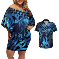 Humpback Whale Matariki New Zealand Couples Matching Off Shoulder Short Dress and Hawaiian Shirt NZ Maori Paikea Poutama Luxury Blue LT14 Blue - Polynesian Pride