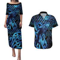 Humpback Whale Matariki New Zealand Couples Matching Puletasi and Hawaiian Shirt NZ Maori Paikea Poutama Luxury Blue LT14 Blue - Polynesian Pride