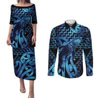 Humpback Whale Matariki New Zealand Couples Matching Puletasi and Long Sleeve Button Shirt NZ Maori Paikea Poutama Luxury Blue LT14 Blue - Polynesian Pride