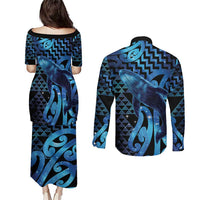 Humpback Whale Matariki New Zealand Couples Matching Puletasi and Long Sleeve Button Shirt NZ Maori Paikea Poutama Luxury Blue LT14 - Polynesian Pride