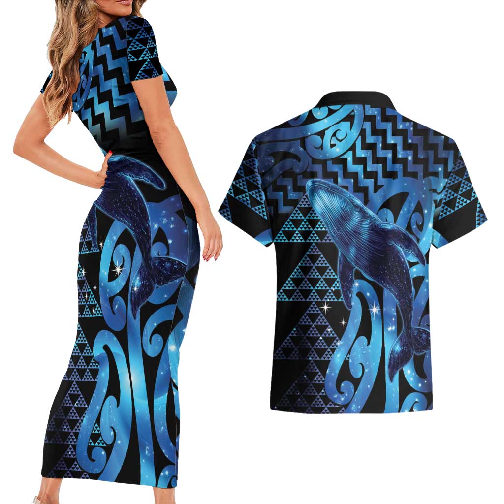 Humpback Whale Matariki New Zealand Couples Matching Short Sleeve Bodycon Dress and Hawaiian Shirt NZ Maori Paikea Poutama Luxury Blue LT14 - Polynesian Pride