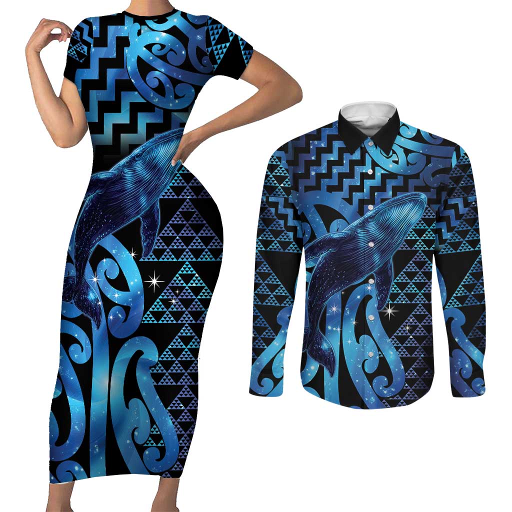 Humpback Whale Matariki New Zealand Couples Matching Short Sleeve Bodycon Dress and Long Sleeve Button Shirt NZ Maori Paikea Poutama Luxury Blue LT14 Blue - Polynesian Pride