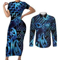 Humpback Whale Matariki New Zealand Couples Matching Short Sleeve Bodycon Dress and Long Sleeve Button Shirt NZ Maori Paikea Poutama Luxury Blue LT14 Blue - Polynesian Pride