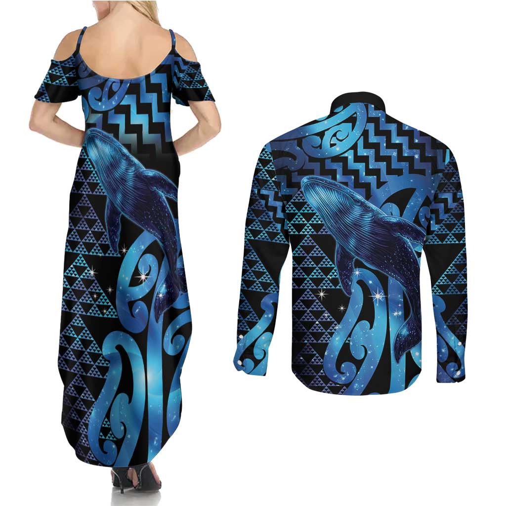 Humpback Whale Matariki New Zealand Couples Matching Summer Maxi Dress and Long Sleeve Button Shirt NZ Maori Paikea Poutama Luxury Blue LT14 - Polynesian Pride