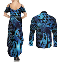 Humpback Whale Matariki New Zealand Couples Matching Summer Maxi Dress and Long Sleeve Button Shirt NZ Maori Paikea Poutama Luxury Blue LT14 - Polynesian Pride