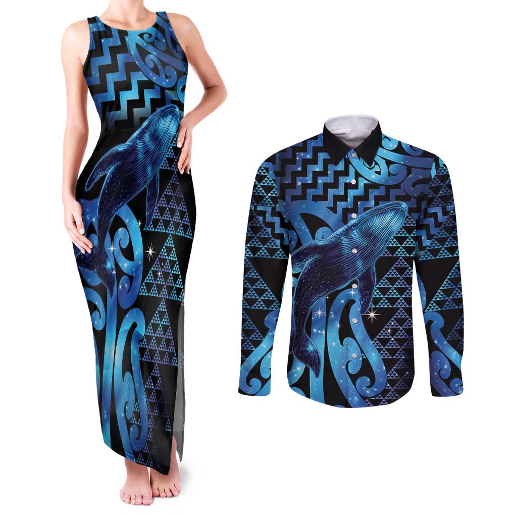 Humpback Whale Matariki New Zealand Couples Matching Tank Maxi Dress and Long Sleeve Button Shirt NZ Maori Paikea Poutama Luxury Blue LT14 Blue - Polynesian Pride