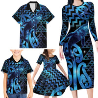 Humpback Whale Matariki New Zealand Family Matching Long Sleeve Bodycon Dress and Hawaiian Shirt NZ Maori Paikea Poutama Luxury Blue LT14 - Polynesian Pride