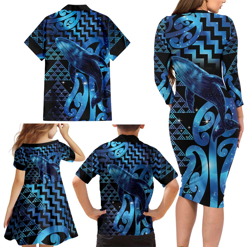 Humpback Whale Matariki New Zealand Family Matching Long Sleeve Bodycon Dress and Hawaiian Shirt NZ Maori Paikea Poutama Luxury Blue LT14 - Polynesian Pride