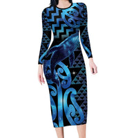 Humpback Whale Matariki New Zealand Family Matching Long Sleeve Bodycon Dress and Hawaiian Shirt NZ Maori Paikea Poutama Luxury Blue LT14 Mom's Dress Blue - Polynesian Pride