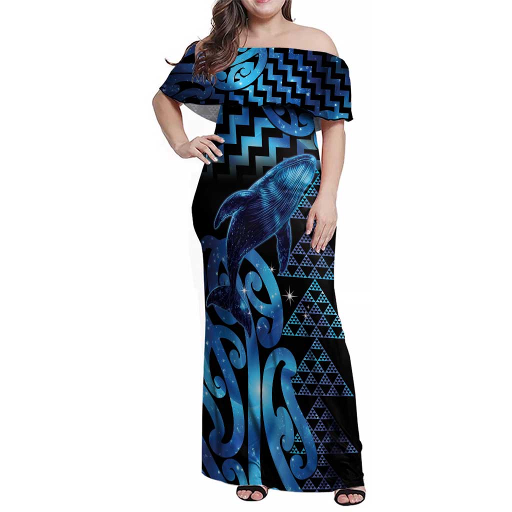 Humpback Whale Matariki New Zealand Family Matching Off Shoulder Maxi Dress and Hawaiian Shirt NZ Maori Paikea Poutama Luxury Blue LT14 Mom's Dress Blue - Polynesian Pride