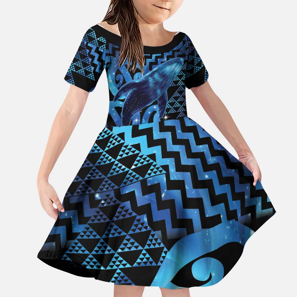 Humpback Whale Matariki New Zealand Family Matching Summer Maxi Dress and Hawaiian Shirt NZ Maori Paikea Poutama Luxury Blue LT14 Daughter's Dress Blue - Polynesian Pride