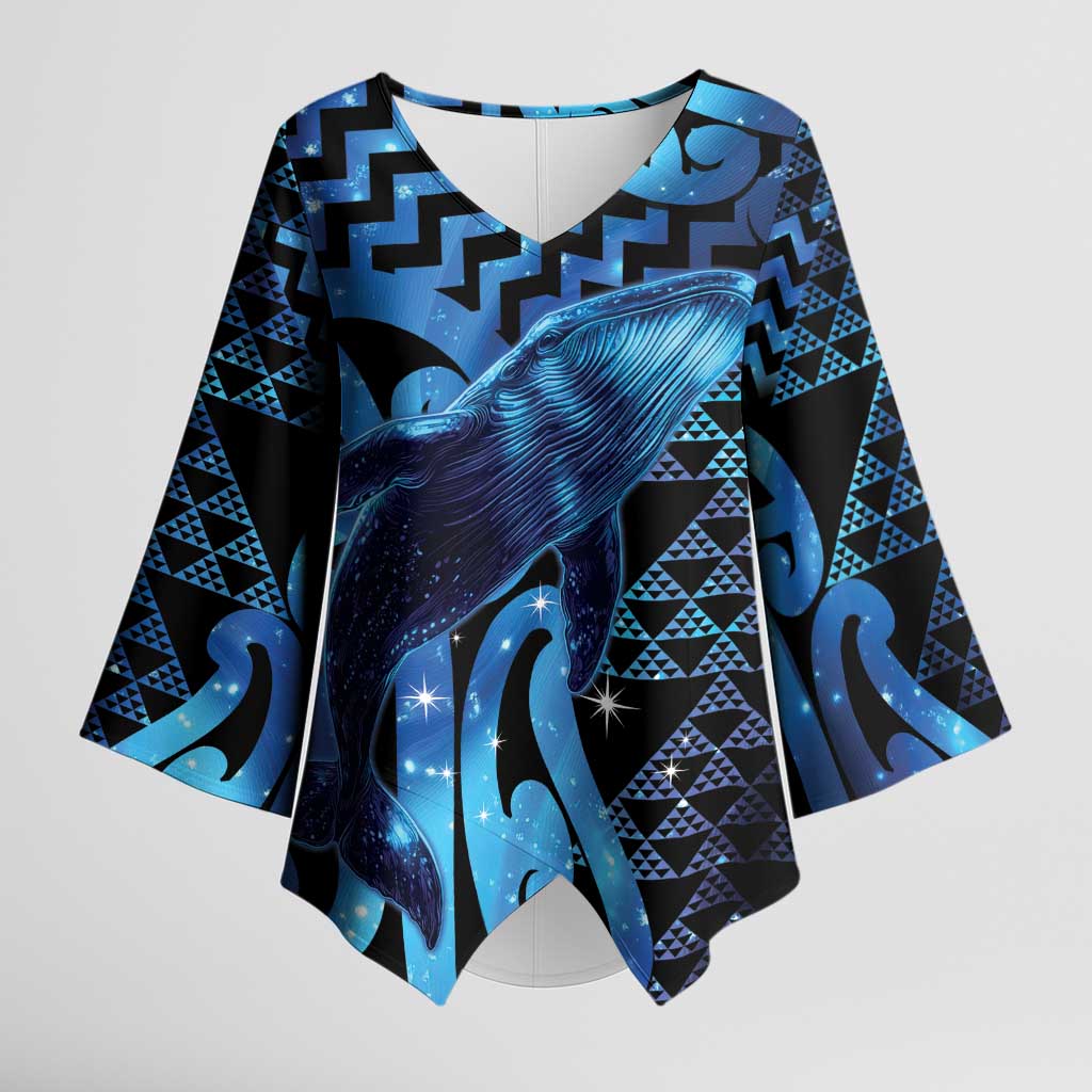 Humpback Whale Matariki New Zealand Kimono Sleeve Blouse NZ Maori Paikea Poutama Luxury Blue LT14 Female Blue - Polynesian Pride