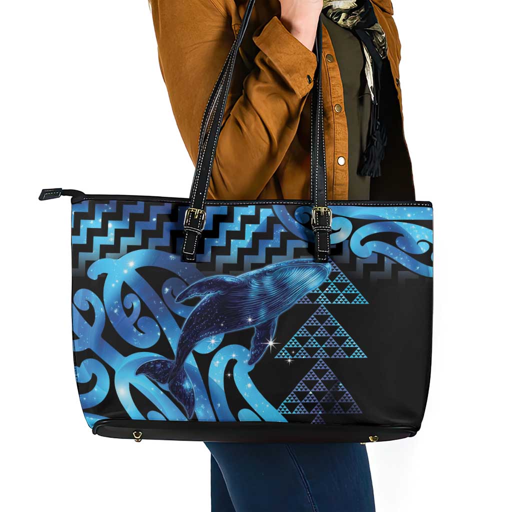 Humpback Whale Matariki New Zealand Leather Tote Bag NZ Maori Paikea Poutama Luxury Blue LT14 - Polynesian Pride