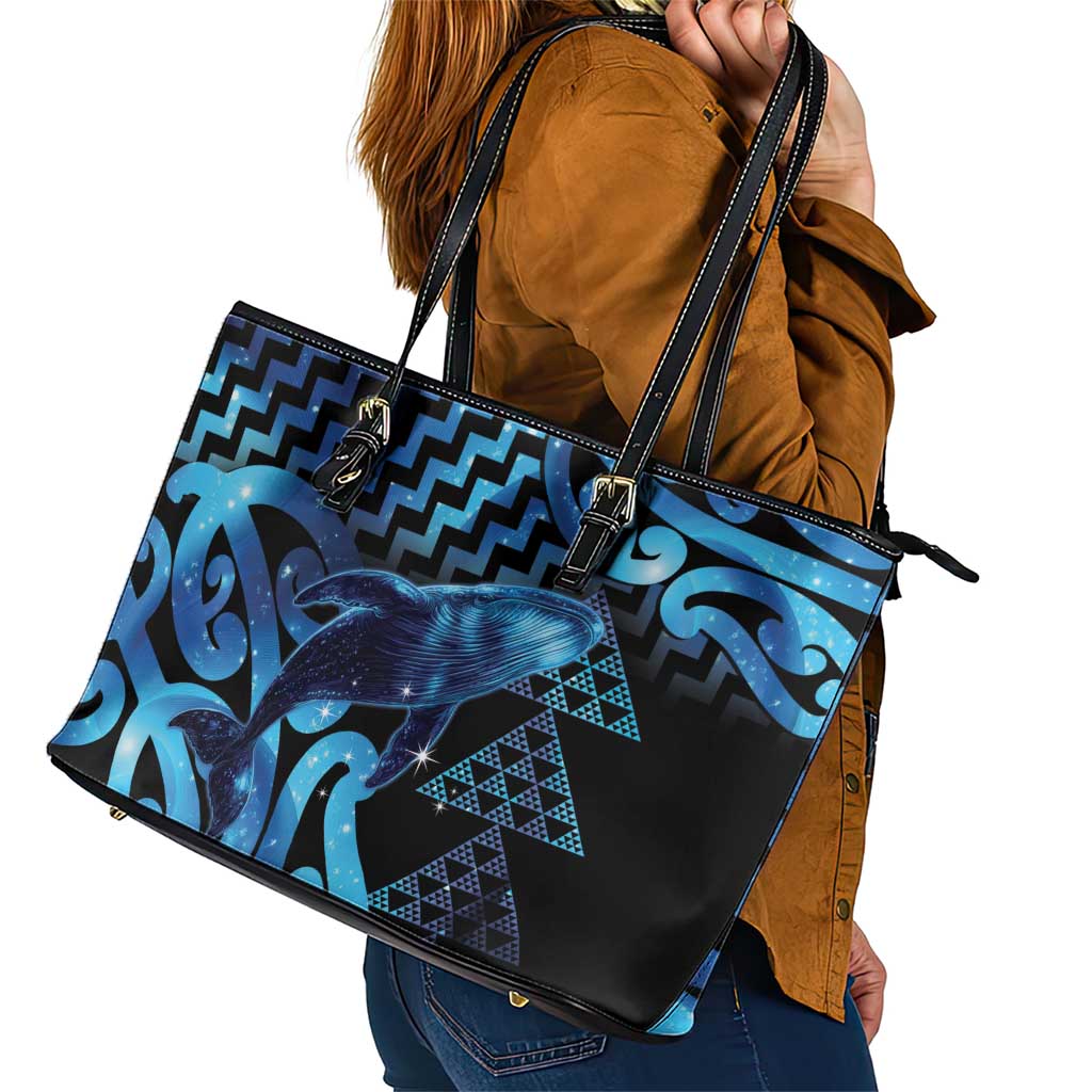 Humpback Whale Matariki New Zealand Leather Tote Bag NZ Maori Paikea Poutama Luxury Blue LT14 - Polynesian Pride