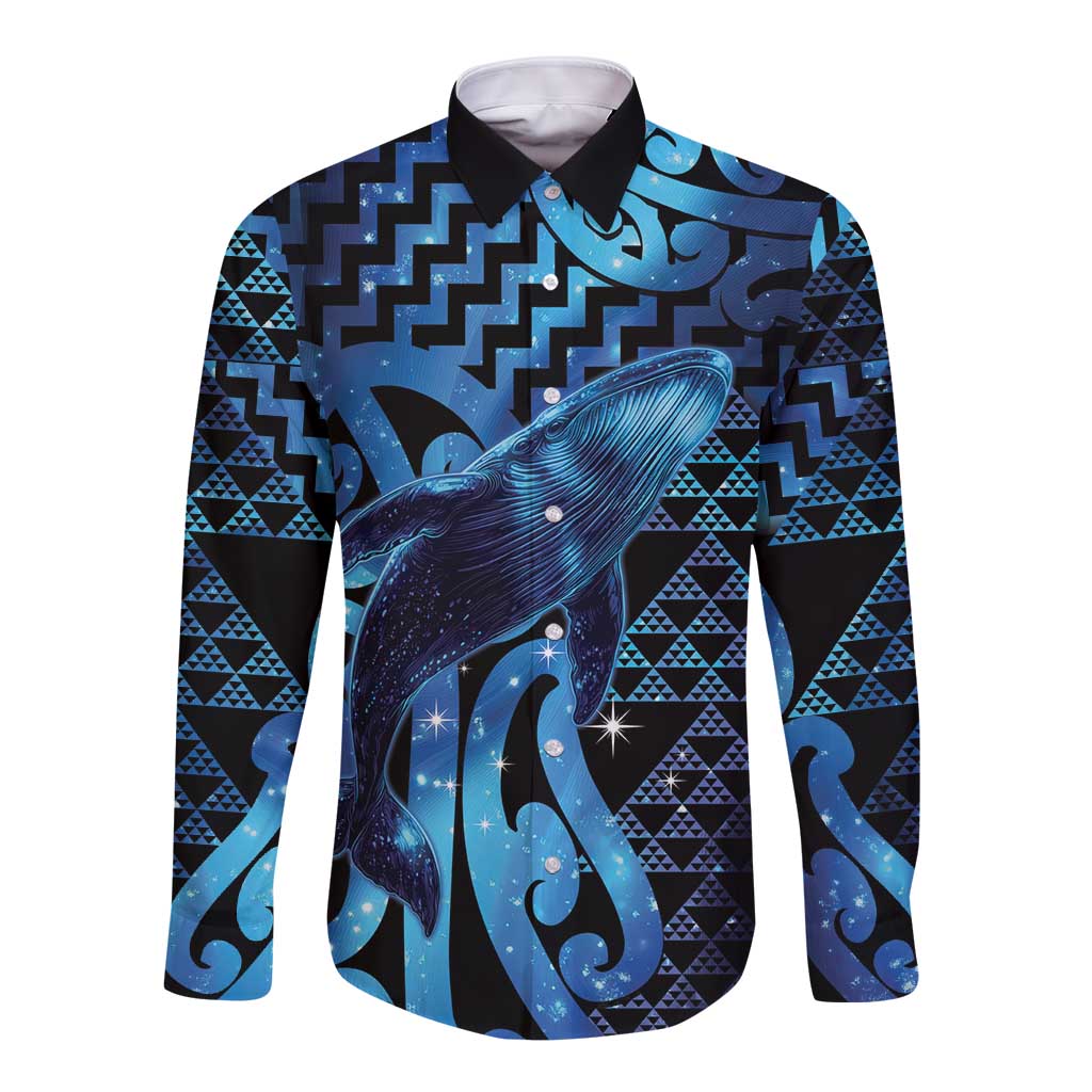 Humpback Whale Matariki New Zealand Long Sleeve Button Shirt NZ Maori Paikea Poutama Luxury Blue LT14 Unisex Blue - Polynesian Pride
