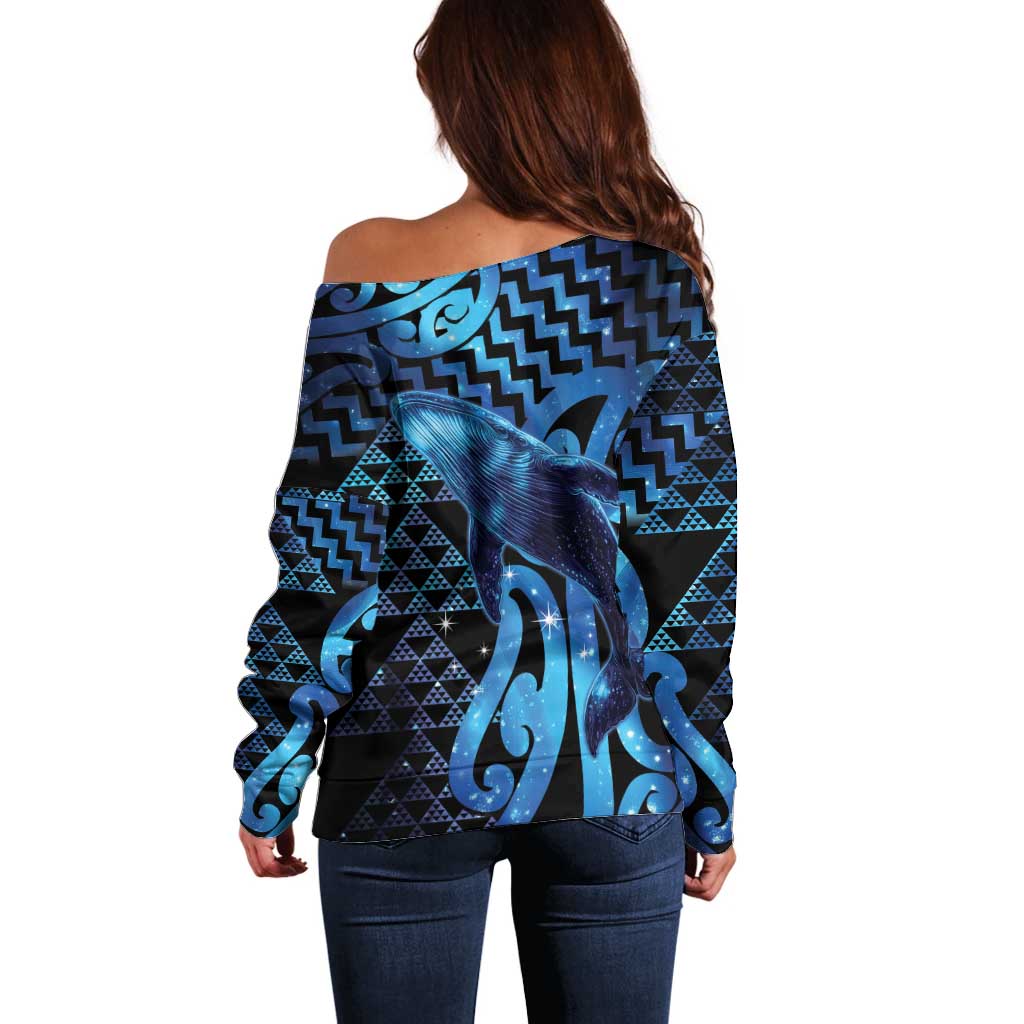 Humpback Whale Matariki New Zealand Off Shoulder Sweater NZ Maori Paikea Poutama Luxury Blue