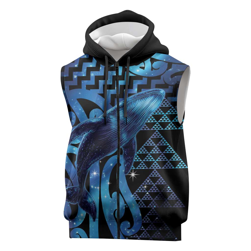 Humpback Whale Matariki New Zealand Sleeveless Zip Hoodie NZ Maori Paikea Poutama Luxury Blue LT14 Blue - Polynesian Pride