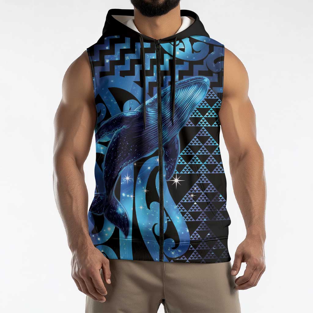 Humpback Whale Matariki New Zealand Sleeveless Zip Hoodie NZ Maori Paikea Poutama Luxury Blue LT14 - Polynesian Pride
