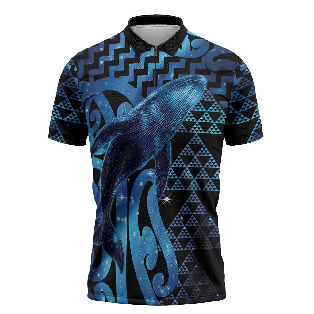 Humpback Whale Matariki New Zealand Zipper Polo Shirt NZ Maori Paikea Poutama Luxury Blue LT14 Blue - Polynesian Pride