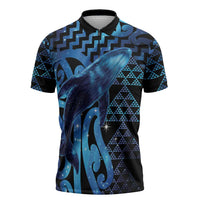 Humpback Whale Matariki New Zealand Zipper Polo Shirt NZ Maori Paikea Poutama Luxury Blue LT14 Blue - Polynesian Pride