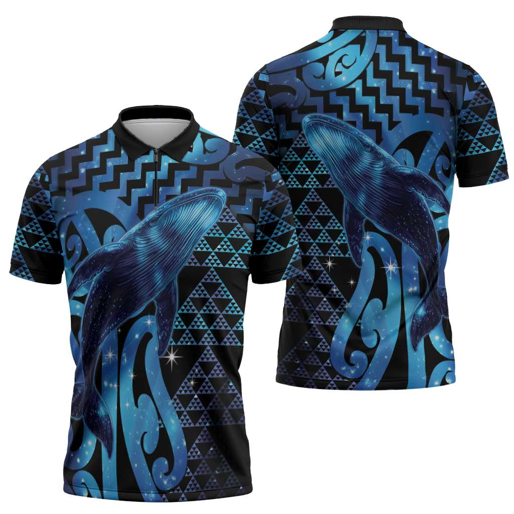 Humpback Whale Matariki New Zealand Zipper Polo Shirt NZ Maori Paikea Poutama Luxury Blue LT14 - Polynesian Pride