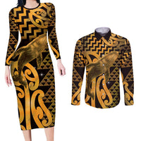 Humpback Whale Matariki New Zealand Couples Matching Long Sleeve Bodycon Dress and Long Sleeve Button Shirt NZ Maori Paikea Poutama Luxury Gold LT14 Gold - Polynesian Pride