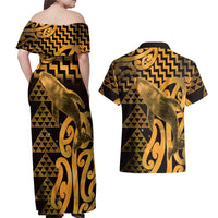 Humpback Whale Matariki New Zealand Couples Matching Off Shoulder Maxi Dress and Hawaiian Shirt NZ Maori Paikea Poutama Luxury Gold LT14 - Polynesian Pride