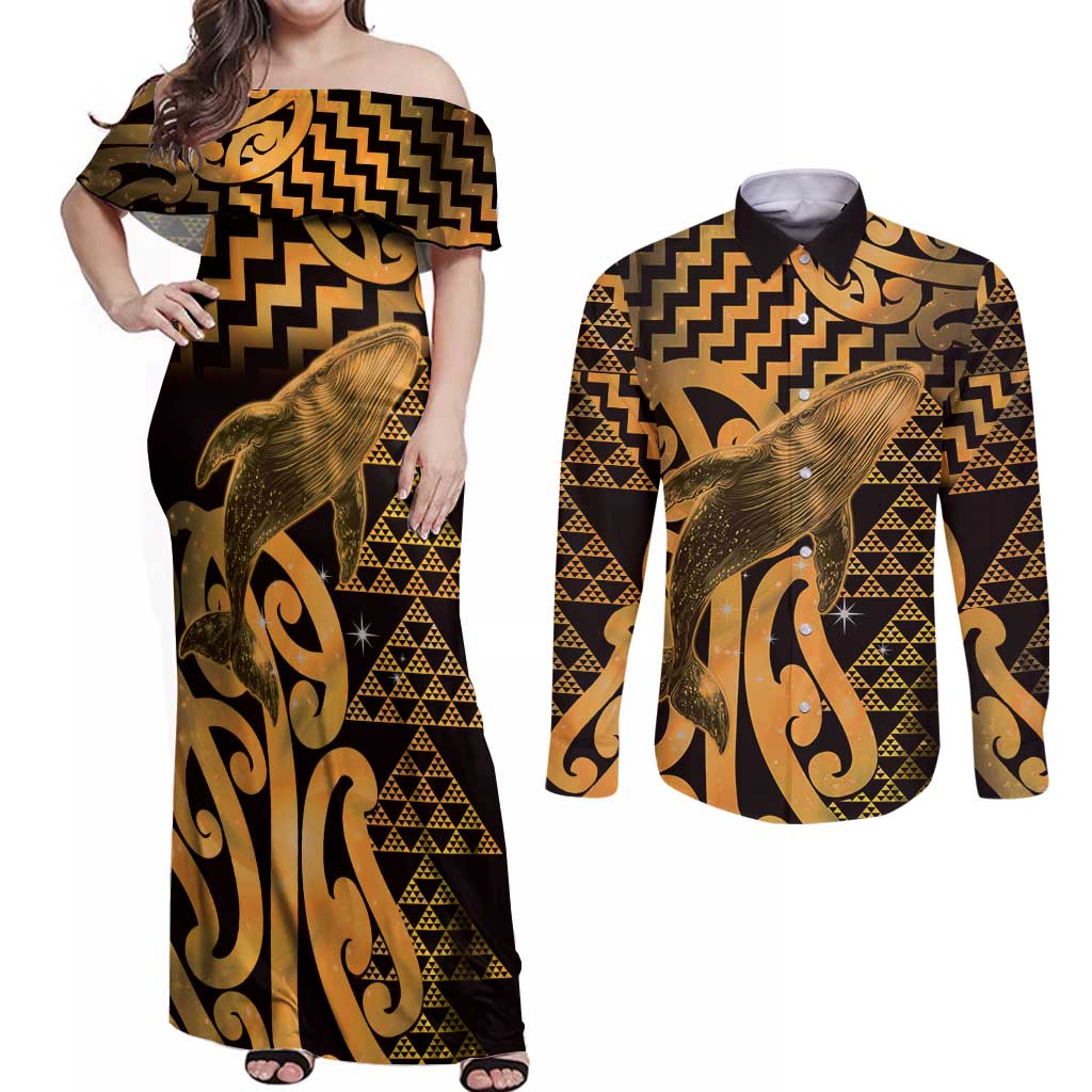 Humpback Whale Matariki New Zealand Couples Matching Off Shoulder Maxi Dress and Long Sleeve Button Shirt NZ Maori Paikea Poutama Luxury Gold LT14 Gold - Polynesian Pride