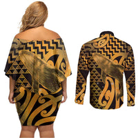 Humpback Whale Matariki New Zealand Couples Matching Off Shoulder Short Dress and Long Sleeve Button Shirt NZ Maori Paikea Poutama Luxury Gold LT14 - Polynesian Pride