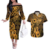 Humpback Whale Matariki New Zealand Couples Matching Off The Shoulder Long Sleeve Dress and Hawaiian Shirt NZ Maori Paikea Poutama Luxury Gold LT14 Gold - Polynesian Pride