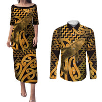 Humpback Whale Matariki New Zealand Couples Matching Puletasi and Long Sleeve Button Shirt NZ Maori Paikea Poutama Luxury Gold LT14 Gold - Polynesian Pride