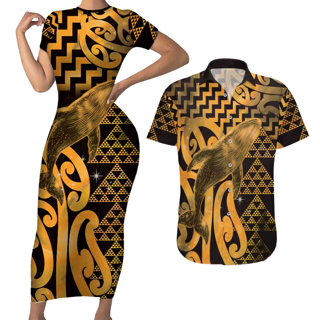 Humpback Whale Matariki New Zealand Couples Matching Short Sleeve Bodycon Dress and Hawaiian Shirt NZ Maori Paikea Poutama Luxury Gold LT14 Gold - Polynesian Pride