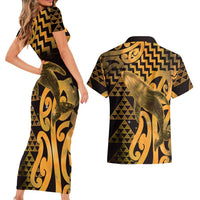 Humpback Whale Matariki New Zealand Couples Matching Short Sleeve Bodycon Dress and Hawaiian Shirt NZ Maori Paikea Poutama Luxury Gold LT14 - Polynesian Pride