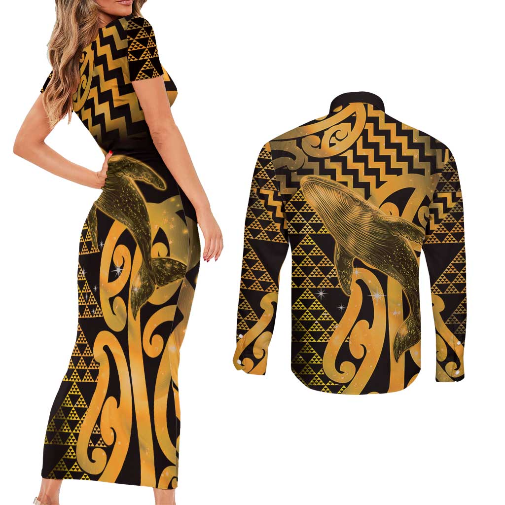 Humpback Whale Matariki New Zealand Couples Matching Short Sleeve Bodycon Dress and Long Sleeve Button Shirt NZ Maori Paikea Poutama Luxury Gold LT14 - Polynesian Pride