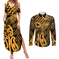 Humpback Whale Matariki New Zealand Couples Matching Summer Maxi Dress and Long Sleeve Button Shirt NZ Maori Paikea Poutama Luxury Gold LT14 Gold - Polynesian Pride