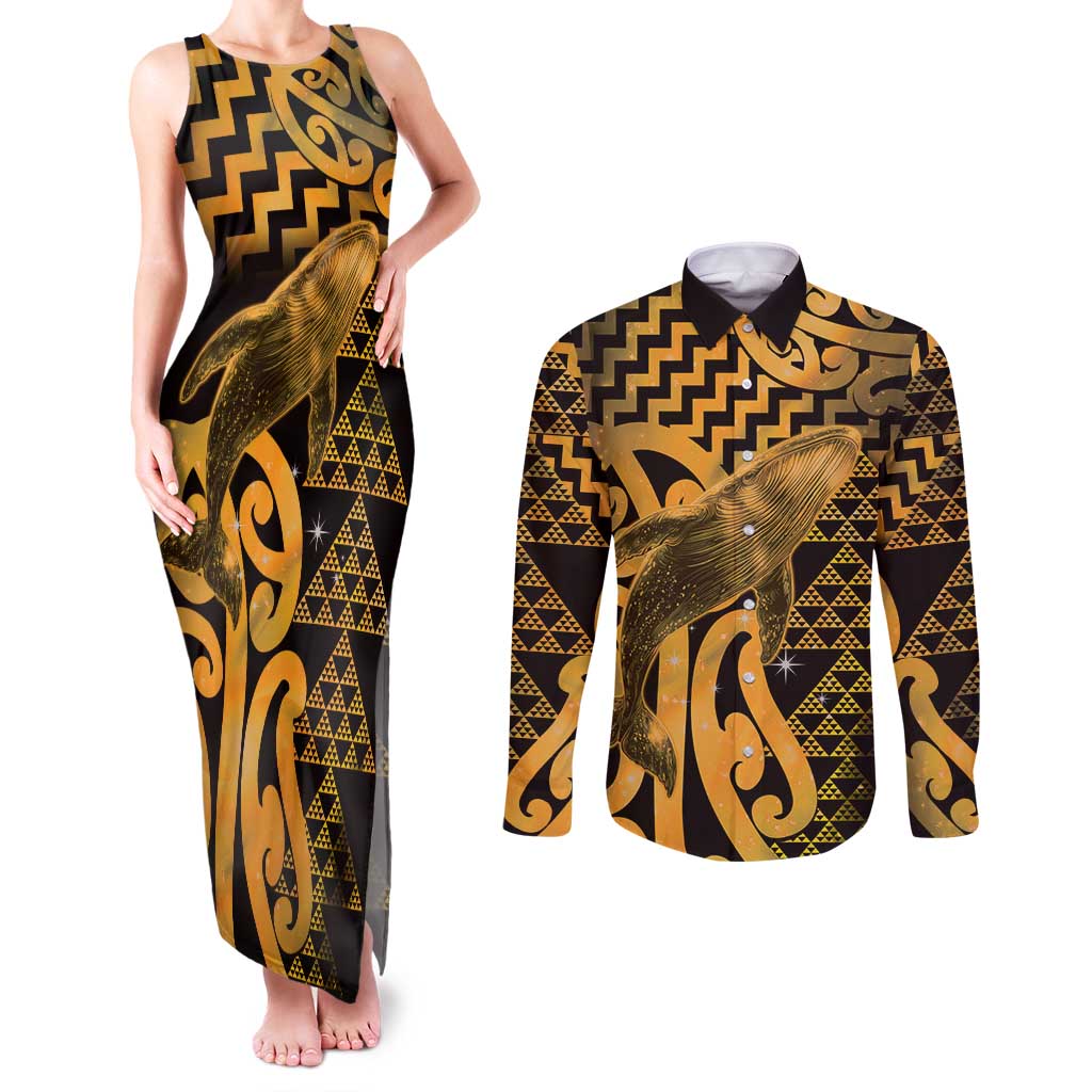 Humpback Whale Matariki New Zealand Couples Matching Tank Maxi Dress and Long Sleeve Button Shirt NZ Maori Paikea Poutama Luxury Gold LT14 Gold - Polynesian Pride