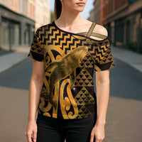 Humpback Whale Matariki New Zealand Cross Shoulder Shirt NZ Maori Paikea Poutama Luxury Gold LT14 - Polynesian Pride