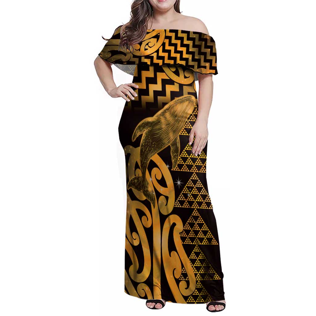 Humpback Whale Matariki New Zealand Family Matching Off Shoulder Maxi Dress and Hawaiian Shirt NZ Maori Paikea Poutama Luxury Gold LT14 Mom's Dress Gold - Polynesian Pride